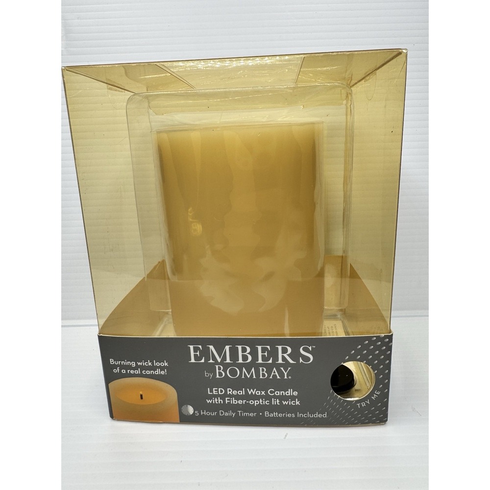 Embers by Bombay LED Real Wax Candle 4" X 6" Fiber Optic Wick 5 Hour Timer Ivory